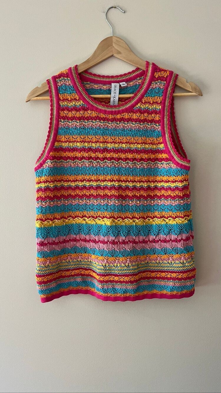 Grace + Karma y2k Knit Tank Top Women Small Pink Multi Excellent Striped Boho - Picture 3 of 5